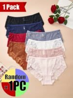 Plus Size High Stretch Polyamide Briefs With Contrast Lace Detail, Sexy Hollow Out Knit Fabric Panties For Women - 1Pc Pack