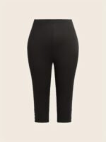 Plus Size, Plus Size High-Waisted Stretchy Rhinestone-Embellished Side Slit Capri Pants - Solid Black Casual Outdoor Leggings For Women, Spring/Summer Fashion, High Waist Pants, Spring Summer Apparel, Nontransparent Fabric, Spring Fashion, Breathable Material, Summer Wardrobe - Image 4