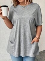 Plus Size Women'S Casual Short Sleeve T-Shirt - Vibrant Purple Solid Color With Side Pockets, Relaxed Fit Round Neck, Medium Stretch Machine Washable Fabric For Spring/Summer Casual Attire, Ladies T Shirts, Versatile Clothing, Mediumstretch Material - Image 2