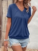 Solid Color V Neck T-Shirt, Casual Short Sleeve T-Shirt For Spring & Summer, Women'S Clothing