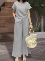 Women'S Elegant Solid Color Short Sleeve Top & Wide Leg Pants Set - Perfect Matching Outfit With Pockets, Crew Neck, Regular Fit For Spring/Summer, Casual Outfit|Elegant Casualwear| Texture - Image 3