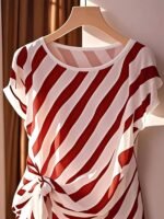 Women'S Elegant French-Inspired Sleeveless Blouse With Bow Detail & Striped Pattern - Semi-Sheer Round Neck Shirt For Spring Summer Fall, Machine Washable Casual To Dressy Tops, Seasonal Fashion, Frenchinspired Design, Decorative Bow Design - Image 3
