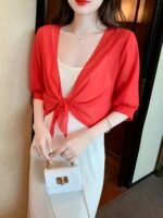 An Elegant Front-Button Sheer Shirt With A Shawl Design. - Image 9