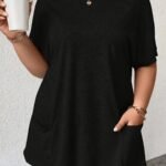 2024 New Women'S Comfortable & Stylish Pocket T-Shirt - Middle Eastern-Inspired Round Neck Short Sleeve Top, Solid Black, Machine Washable For Spring/Summer Casual Wear, Everyday Comfort Tee, Modern Casual Tee, Durable Everyday Shirt