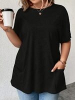 2024 New Women'S Comfortable & Stylish Pocket T-Shirt - Middle Eastern-Inspired Round Neck Short Sleeve Top, Solid Black, Machine Washable For Spring/Summer Casual Wear, Everyday Comfort Tee, Modern Casual Tee, Durable Everyday Shirt