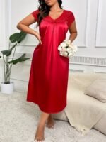 Women'S Plus Size Elegant Red Satin Nightgown With Lace Trim And Bow Detail - V-Neck, Short Sleeve, Flowing Design, Machine Washable - Perfect For Weddings Or Special Occasions, Satin Dress - Image 2
