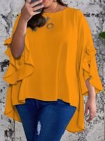 Plus Size Ruffle Sleeve Blouse, Casual Crew Neck Asymmetrical Hem Blouse For Spring, Women'S Plus Size?Clothing - Image 4