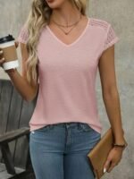 Solid Contrast Lave V-Neck T-Shirt, Elegant Short Sleeve Top For Summer & Spring, Women'S Clothing - Image 3