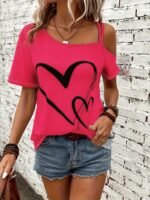 Heart Print Slant Shoulder T-Shirt, Casual Short Sleeve Top For Spring & Summer, Women'S Clothing - Image 4