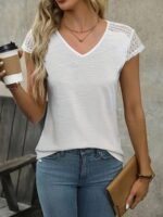 Solid Contrast Lave V-Neck T-Shirt, Elegant Short Sleeve Top For Summer & Spring, Women'S Clothing - Image 2