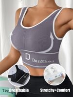 Danshen Women'S High-Support Sports Bra - Wireless, Padded, Stretchy Nylon Blend For Yoga & Running, Mint Green Ribbed Design With White Logo, Machine Washable - Image 6