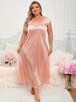 Sexy V-Neck Long Nightgown For Women - Soft Polyester & Elastane Blend, Semi-Sheer With Bow Detail, Machine Washable - Perfect For Fall - Image 2