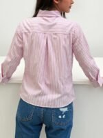 Elegant Striped Button-Up Shirt For Women - Chic Long Sleeve, Lightweight Polyester Blend, Versatile Blue With White Stripes, Ideal For Spring/Summer - Image 3