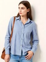 Elegant Striped Button-Up Shirt For Women - Chic Long Sleeve, Lightweight Polyester Blend, Versatile Blue With White Stripes, Ideal For Spring/Summer - Image 10