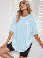 6917 Women'S Light Blue Joyful Face Graphic Print T-Shirt - High Elasticity Loose Fit Drop Shoulder Short Sleeve Round Neck Casual Summer Top, Ladies T Shirts, Comfortable Tee, Stretchy Fabric