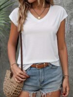 Women'S Casual V-Neck Top - Short Sleeve, Solid Black, Stretchy & Breathable Polyester Blend, Perfect For Spring/Summer/Fall, Versatile Clothing | Vneck Design | Construction - Image 6