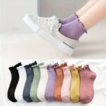 10 Pairs Women'S Lettuce Trim Ankle Socks, Comfortable Cute Versatile Polyester Blend (95% Polyester, 5% Elastane), Solid Color Knit Fabric, Machine Washable - 296 Gsm - Image 3