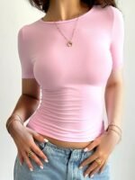 Women'S Pink Short Sleeve T-Shirt - "I Am Not A Stranger" Graphic, Crop Top With Ruched Detail, Casual Summer Tee, Casual Summer Wear | Ruched Detail Top | Comfortable Fit, Ladies T Shirts