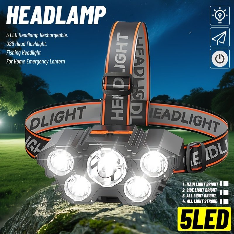 product-fancy-b5b51305-11ef-4ab6-a2ca-5edf9868538a.jpg 1Pc 5 Led Headlamp Rechargeable, Usb Head Flashlight, Camping And Fishing Headlight For Home Outdoor Emergency Lantern Christmas Gift - Image 1