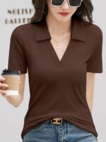 Women'S Elegant Casual T-Shirt, Solid Color Polyester Knit Fabric, 95% Polyester 5% Elastane, V-Neck Lapel Collar, Regular Length, Summer Season, 180G/M? - Festive Collection - Image 5