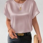 Women'S Batwing Short Sleeve Round Neck Blouse - Elegant Solid Color Non-See-Through Shirt, Machine Washable Lightweight Top For Spring Summer Fall, Versatile Casual & Formal Wear, Seasonal Fashion, Flowing Silhouette, Smooth Texture