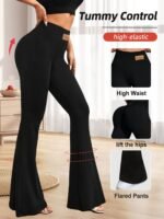 Women'S High-Waisted Flared Leggings - Elastic Waistband, Mid-Rise 9/10 Length, Stretchy Comfort Fit For Spring/Autumn Casual Wear, Black, High Waisted Leggings - Image 10