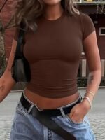 Solid Color Skinny Crop Top, Stylish Short Sleeve Crew Neck Top For Spring & Summer, Women'S Clothing - Image 9