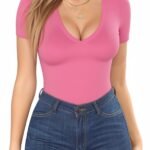 Solid Color V Neck T-Shirt, Versatile Slim Short Sleeve T-Shirt For Spring & Summer, Women'S Clothing