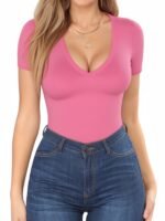 Solid Color V Neck T-Shirt, Versatile Slim Short Sleeve T-Shirt For Spring & Summer, Women'S Clothing