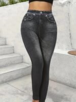 Plus Size Women'S Casual Style All-Season Stretch Denim-Look Leggings - High Elasticity, Machine Washable, Faux Pockets Detail, Polyester & Elastane Blend, Smooth Fabric, Ideal For Vacation, Plus Size Jeans.Non-Denim Pants With Denim Print - Image 4