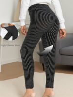 Women'S High Waist Striped Polyester Spandex Leggings, Casual Stretchy Cropped Skinny Pants, Knit Fabric, For All-Season Comfort, Weekend Casual Wear - Image 6