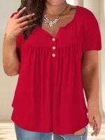 Women'S Plus Size Casual Buttoned Pleated T-Shirt, Summer Knit Fabric Top, Crew Neck, Solid Color, Slight Stretch, Oversized Pullovers, Polyester 95% Spandex 5% - Navy Blue - Image 2