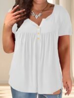 Women'S Plus Size Casual Buttoned Pleated T-Shirt, Summer Knit Fabric Top, Crew Neck, Solid Color, Slight Stretch, Oversized Pullovers, Polyester 95% Spandex 5% - Navy Blue - Image 10