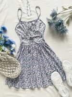 Women'S Ditsy Floral Backless Strap Sundress With Adjustable Bow Tie Waist - Knee-Length Sleeveless Summer Dress, Machine Washable Lightweight Fabric For Beach Vacations & Casual Outings, Vacation Attire, Nontransparent Material - Image 5