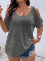 Plus Size Solid Cold Shoulder T-Shirt, Casual Crew Neck Short Sleeve T-Shirt, Women'S Plus Size?Clothing - Image 2