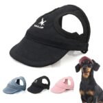 1Pc Adjustable Dog Baseball Cap With Ear Holes - Breathable Sun Protection Hat For Small To Medium Dogs, Black With White Logo, Outdoor Pet Accessory, Dog Hat, Adjustable Headgear, Durable Pet Wear