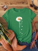 Faith Letter & Flower Print T-Shirt, Casual Short Sleeve Crew Neck Top, Women'S Clothing, Valentine'S Day
