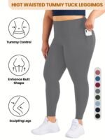 Plus Size High Waist Yoga Pants With Side Pockets - 88% Polyester 12% Elastane Stretchy Tummy Control Leggings, Sculpting Workout Gym Activewear For Women, All-Season Comfort (Machine Washable) - Image 5