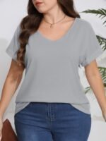 Plus Size, Plus Size Women'S Elegant V-Neck T-Shirt - Soft Semi-Sheer Fabric, Vibrant Red, Machine Washable, Spring Summer Fall Casual Top, Ladies T Shirts, Seasonal Fashion, Sophisticated Casual, Comfortable Fit - Image 4