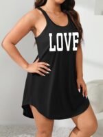 Plus Size Women'S Love Print Sleeveless Sleep Dress - Olive Green Lounge Nightgown, Machine Washable All-Season Comfort, Casual Loungewear & Sleepwear - Image 2