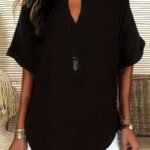 Elegant Plus Size Women'S V-Neck Short Sleeve Blouse - Light Gray, Casual & Stylish For Spring/Summer, Relaxed Fit With Half-Sleeve Design, Casual Wear | Relaxed Fit Top | Stylish Necklin