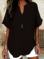 Elegant Plus Size Women'S V-Neck Short Sleeve Blouse - Light Gray, Casual & Stylish For Spring/Summer, Relaxed Fit With Half-Sleeve Design, Casual Wear | Relaxed Fit Top | Stylish Necklin