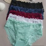 5-Pack Women'S Plus Size Lace Stitching Underwear - Elegant Floral Print, Breathable & Comfortable Mid-Rise Briefs (Xl-5Xl), Daily Wear Underwear | Feminine Elegance | Intricate Lace Detail