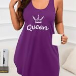 Plus Size Women'S Sleeveless Tank Nightgown - Black Queen Letter & Crown Graphic Print, All-Season Machine Washable Casual Sleepwear For Lounge & Relaxation, Playful Print, Soft Material, Comfortable Fit, Home Relaxation, Breathable Fabric, Adult Sleepwear