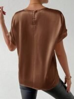 Women'S Batwing Short Sleeve Round Neck Blouse - Elegant Solid Color Non-See-Through Shirt, Machine Washable Lightweight Top For Spring Summer Fall, Versatile Casual & Formal Wear, Seasonal Fashion, Sophisticated Casual, Nonseethrough Fabric - Image 7