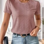 Eyelet Crew Neck T-Shirt, Casual Short Sleeve Top For Spring & Summer, Women'S Clothing