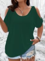 Plus Size Solid Cold Shoulder T-Shirt, Casual Crew Neck Short Sleeve T-Shirt, Women'S Plus Size?Clothing - Image 8