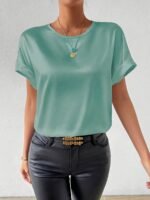 Women'S Plus Size Light Blue Woven Blouse - Elegant Short Sleeve Crew Neck, Solid Color, Non-Stretch Fabric, Perfect For Summer, Casual Summer Wear|Sleek Fitted Look|Nonstretch Material, Plus Size Blouses - Image 3