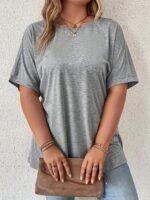 Plus Size Women'S Casual Short Sleeve T-Shirt - Vibrant Purple Solid Color With Side Pockets, Relaxed Fit Round Neck, Medium Stretch Machine Washable Fabric For Spring/Summer Casual Attire, Ladies T Shirts, Versatile Clothing, Mediumstretch Material - Image 9