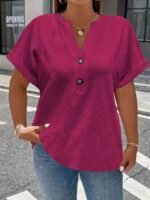 Women'S Light Green V-Neck Blouse With Button Details - Casual Short Sleeve Top For Spring/Summer, Soft Polyester Fabric, Elegant Solid Color Design, Versatile Blouse | Vneck Blouse | Elastane Comfort Fit - Image 8